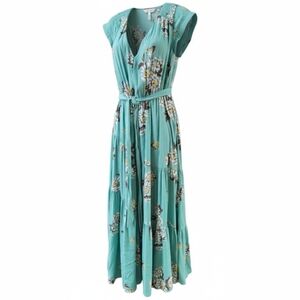 Free People All I Got Printed Floral Maxi Dress Womens Size 6 Short Sleeve Tierd